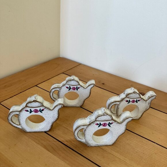 Teapot Shape Napkin Rings Set of 4 Wooden Hand Painted Floral Design 3" tall - Picture 3 of 5